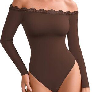 🤎 Off-Shoulder Lace Bodysuit | XS | Stretch Cotton | Snap Closure